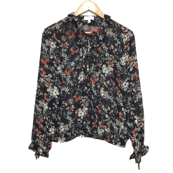 Apricot floral sheer ruffle cinched waist long sleeve blouse size Medium - Picture 1 of 11